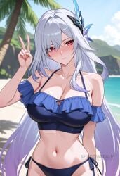 ai_generated alternate_costume bare_shoulders beach bikini blue_bikini blue_sky blush breasts butterfly_hair_ornament cleavage closed_mouth collarbone day female frills genshin_impact gradient_hair grey_hair hair_between_eyes hair_ornament hand_up large_breasts long_hair looking_at_viewer navel off-shoulder_bikini outdoors palm_tree red_eyes shadowrealmarts side-tie_bikini_bottom skirk_(genshin_impact) sky smile solo stomach swimsuit tree uncensored v very_long_hair
