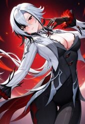 ai_generated arlecchino_(genshin_impact) black_eyes black_gloves black_hair black_pants blush breasts cleavage closed_mouth cowboy_shot female genshin_impact gloves hair_between_eyes hand_up jacket jewelry large_breasts long_hair long_sleeves looking_at_viewer multicolored_hair open_clothes pants red_pupils shadowrealmarts solo streaked_hair symbol-shaped_pupils thigh_gap thighs two-tone_hair uncensored white_hair white_jacket x-shaped_pupils