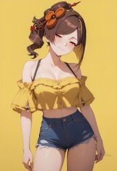 ai_generated asymmetrical_sidelocks bare_shoulders blue_shorts blush breasts brown_hair chiori_(genshin_impact) cleavage closed_mouth collarbone contrapposto cowboy_shot crop_top crop_top_overhang cutoffs denim denim_shorts drill_hair female frilled_shirt genshin_impact hair_ornament head_tilt high-waist_shorts large_breasts looking_at_viewer medium_breasts midriff multicolored_hair off-shoulder_shirt off_shoulder orange_eyes ponytail shadowrealmarts shirt short_shorts short_sleeves shorts simple_background smile solo standing thighs uncensored yellow_background yellow_shirt