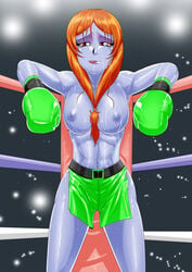 1girls abs arena bedroom_eyes blue_skin boxing boxing_gloves boxing_ring boxing_skirt breasts eyeshadow female female_only gloves green_boxing_gloves green_gloves half-closed_eyes human light_green_boxing_gloves light_green_gloves lips lipstick looking_at_viewer midna mostly_nude nintendo nipples orange_hair pugilismx red_eyes shiny_hair shiny_skin solo solo_female sweat the_legend_of_zelda thick thick_thighs thighs tied_hair tongue tongue_out topless topless_boxing twili twili_midna twilight_princess wide_hips