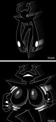 absurd_res anthro antlers armor big_breasts breast_expansion breasts deltarune dhalek expansion female hair headgear helmet hi_res horn huge_breasts humanoid looking_at_viewer sequence shadow_creature simple_background solo the_roaring_knight undertale_(series)