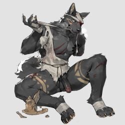 amputee anthro athletic athletic_anthro athletic_male balls bandage black_body black_fur black_nose breath canid canine canis claws clothed clothing disability eye_scar facial_scar figurine finger_claws fur genitals humanoid_genitalia kemono liuxns looking_at_viewer male mammal markings mostly_nude one_arm pantsless paws penis pointy_ears scar simple_background sitting solo tail toe_claws torn_clothing white_background wolf wounded