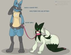 absurd_res all_fours ambiguous_gender animal_genitalia anthro ass balls blush body_blush bondage butt_blush collar dialogue digitigrade embarrassed generation_4_pokemon generation_9_pokemon genitals good_girl hi_res holding_leash holding_object humiliation leash lucario male mask meowscarada nintendo onesaucydragon pawpads paws pet_praise petplay pokemon pokemon_(species) praise roleplay sheath simple_background spikes spikes_(anatomy) submissive tail