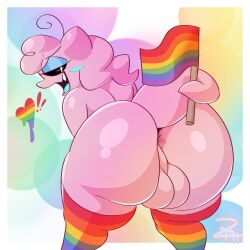 1:1 anus ass balls big_butt black_sclera blush butt_focus clothed clothing flag footwear footwear_only genitals ghost heart_symbol lgbt_pride looking_at_viewer looking_back male mostly_nude open_mouth open_smile partially_clothed pink_body pink_skin pride_color_clothing pride_color_flag pride_colors pupils rear_view signature simple_background smile socks socks_only solo spirit tail thick_thighs white_pupils zy_(zyfoh) zyfoh