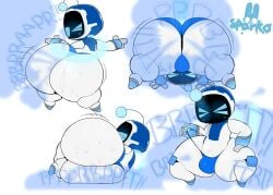 absurd_res antennae_(anatomy) anthro ass astro_(astro_bot) astro_bot_(series) big_butt blue_eyes bodily_fluids cape clothing clothing_pull crouching digital_media_(artwork) fart fart_cloud fart_fetish hi_res looking_at_viewer machine male robot screen screen_face simple_background solo sony_corporation sony_interactive_entertainment sparkothefailure sweat thick_thighs underwear underwear_pull white_body