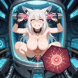 1girls ai_generated artificial_insemination clenched_teeth collar cum_in_ear cum_in_pussy cum_inside cum_on_breasts dead_eyes dildo_in_pussy display drooling ear_penetration ear_sex fertilization fox_ears fox_girl freckles fucking_machine heart_ovum holding_object impregnation laboratory large_breasts machine machine_penetrating machine_sex mind_break motion_lines resisting restraints rolling_eyes sperm_cell sperm_meets_ovum squatting_cowgirl_position stasis_tank tears white_hair wires