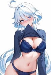 ahoge ai_generated alternate_breast_size alternate_costume blue_bra blue_eyes blue_hair blue_panties blush bow bow_bra bow_panties bra breasts cleavage clothes_in_mouth clothes_lift drop-shaped_pupils female furina_(genshin_impact) genshin_impact hair_between_eyes large_breasts lifted_by_self light_blue_hair long_hair long_sleeves looking_at_viewer mouth_hold multicolored_hair navel panties shadowrealmarts shirt shirt_in_mouth shirt_lift simple_background smile solo stomach streaked_hair sweat uncensored underwear very_long_hair white_background white_hair