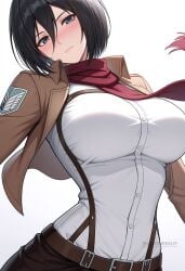 ai_generated attack_on_titan belt black_eyes black_hair blush breasts brown_jacket closed_mouth emblem female hair_between_eyes jacket large_breasts long_sleeves looking_at_viewer mikasa_ackerman open_clothes open_jacket paradis_military_uniform red_scarf scarf shadowrealmarts shirt short_hair simple_background solo uncensored upper_body white_background white_shirt