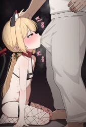1boy absurdres animal_ears black_bra black_panties blonde_hair blush bra bulge cat_cutout cat_ears clothing_cutout collar erection erection_under_clothes fellatio fellatio_through_clothes female fishnet_thighhighs fishnets flat_chest from_side h.pn hand_on_another's_head highres long_hair oral original panties pointy_ears red_eyes sitting solo_focus standing straight thighhighs underwear