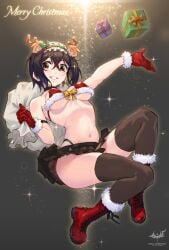 bikini bikini_bottom bikini_top black_hair black_hair_female brown_eyes brown_eyes_female christmas dark_background footwear halterneck head_tilt looking_down looking_down_at_viewer medium_breasts shoes smile smiley_face smiling smiling_at_viewer string_bikini swimsuit swimwear tilted_head wolksheep
