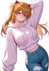 ai_generated arm_behind_head arm_up blue_eyes blue_pants blush breasts closed_mouth denim drawstring female hood hood_down hoodie interface_headset jeans large_breasts long_hair long_sleeves looking_at_viewer midriff navel neon_genesis_evangelion orange_hair pants shadowrealmarts simple_background smile solo souryuu_asuka_langley torn_clothes torn_pants uncensored white_background white_hoodie