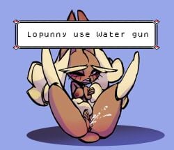 anthro black_nose black_sclera blue_background bodily_fluids breast_grab breast_squish breasts brown_body brown_fur buckteeth butterbeater ejaculation english_text eye_roll female fur gameplay_mechanics generation_4_pokemon genital_fluids hand_on_breast lagomorph leg_markings legs_up long_ears looking_up lopunny mammal markings masturbation medium_breasts nintendo nipples nude one_eye_closed open_mouth orgasm pink_eyes pink_vulva pokemon pokemon_(species) pupils red_nipples simple_background socks_(marking) solo squish tan_body tan_fur teeth text text_box thick_thighs vaginal_fluids vaginal_masturbation vaginal_penetration vaginal_squirting