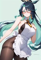 ai_generated apron aqua_eyes aqua_hair bare_arms bare_shoulders black_hair black_pantyhose blush bodystocking breasts closed_mouth colored_inner_hair cowboy_shot earrings female frilled_apron genshin_impact glasses green_hair hair_ornament hand_on_own_chest jewelry large_breasts long_hair looking_at_viewer multicolored_hair pantyhose red-framed_eyewear semi-rimless_eyewear shadowrealmarts sideboob simple_background solo tassel tassel_earrings thighband_pantyhose thighs two-tone_hair uncensored very_long_hair white_apron xianyun_(genshin_impact)