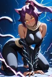 ai_generated all_fours animal_ear_fluff animal_ears bare_shoulders bleach blush breasts cat_ears cat_girl cat_tail dark-skinned_female dark_skin electricity electrokinesis female fingerless_gloves gloves large_breasts long_hair looking_at_viewer parted_bangs parted_lips ponytail purple_hair scarf shadowrealmarts shihouin_yoruichi smile solo tail thighs toeless_legwear toes uncensored yellow_eyes