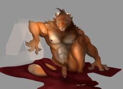 anthro bodily_fluids felid feral galghar genital_fluids hi_res humanoid hybrid leaking_precum liger lion male male/male mammal nipple_piercing nipples pantherine pecs piercing precum solo tiger