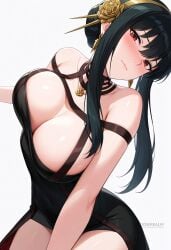 ai_generated areola_slip bare_shoulders black_dress black_hair blush breasts cleavage closed_mouth covered_navel dress earrings female flower gold_earrings gold_hairband hair_flower hair_ornament hairband jewelry large_breasts long_hair looking_at_viewer red_eyes rose shadowrealmarts sidelocks simple_background solo spy_x_family thighs two-sided_dress two-sided_fabric uncensored white_background yor_briar