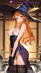 1girls 2025 ai ai_assisted ai_generated anime anime_style bangs bare_shoulders black_corset black_gloves black_thighhighs breasts brown_eyes clothing corset dragon&#039;s_crown dress female female_only gloves hat hentai hi_res high_quality high_resolution highres long_hair looking_at_viewer natsuyoru nipples no_panties orange_hair patreon potted_plant purple_dress pussy skirt solo sorceress_(dragon&#039;s_crown) stable_diffusion thighhighs tongue tongue_out voluptuous voluptuous_female wading water witch_hat wooden_wall