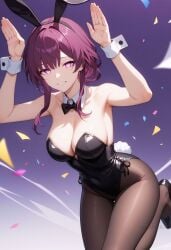 ai_generated alternate_costume animal_ears armpits arms_up bare_arms bare_shoulders black_bow black_bowtie black_footwear black_hairband black_leotard black_pantyhose bow bowtie breasts brown_pantyhose cleavage confetti covered_navel detached_collar fake_animal_ears fake_tail female grin hairband high_heels highleg highleg_leotard kafka_(honkai:_star_rail) large_breasts leotard long_hair looking_at_viewer pantyhose parted_lips playboy_bunny purple_background purple_eyes purple_hair rabbit_ears rabbit_pose rabbit_tail shadowrealmarts sidelocks smile solo standing_on_one_leg strapless strapless_leotard tail thighs uncensored white_wrist_cuffs wrist_cuffs