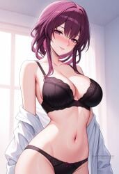 ai_generated bare_shoulders black_bra black_panties blush bow bow_panties bra breasts cleavage collarbone cowboy_shot female indoors kafka_(honkai:_star_rail) large_breasts long_hair long_sleeves looking_at_viewer navel off_shoulder open_clothes open_shirt panties parted_lips purple_eyes purple_hair shadowrealmarts shirt sidelocks smile solo stomach uncensored underwear white_shirt window