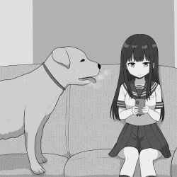 1boy 1girls aitsugu animal_ears canine canine_penis cellphone domestic_dog female feral holding holding_phone interspecies long_hair looking_at_viewer male male/female monochrome on_bed open_mouth original penis phone saliva school_uniform schoolgirl tongue tongue_out vein veins veiny veiny_penis