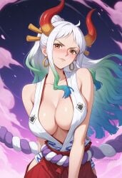 ahoge ai_generated bare_shoulders blush breasts cleavage closed_mouth collarbone curled_horns earrings female gradient_hair green_hair hair_ornament hair_stick hakama hakama_pants hoop_earrings horns japanese_clothes jewelry kimono large_breasts long_hair looking_at_viewer multicolored_hair multicolored_horns no_bra one_piece oni red_horns rope shadowrealmarts shimenawa sleeveless sleeveless_kimono solo uncensored v-shaped_eyebrows white_hair yamato_(one_piece)