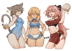 1girls 2boys alohapz animal_ears artist_name astolfo_(fate) bare_shoulders bikini blonde_hair blue_eyes blue_one-piece_swimsuit blush bridget brown_hair bulge cat_boy cat_ears cat_tail fate_(series) felix_argyle femboy frilled_bikini frilled_one-piece_swimsuit frills guilty_gear guilty_gear_strive highres looking_at_viewer multiple_boys one-piece_swimsuit pink_hair pinstripe_pattern re:zero_kara_hajimeru_isekai_seikatsu ribbon short_hair simple_background smile striped_clothes swimsuit tail trap vertical-striped_clothes white_background