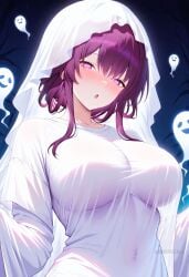 :o ai_generated alternate_costume blush breasts covered_navel dress female ghost ghost_costume halloween honkai:_star_rail kafka_(honkai:_star_rail) large_breasts long_hair long_sleeves looking_at_viewer night night_sky open_mouth purple_eyes purple_hair see-through shadowrealmarts shirt sidelocks sky solo uncensored upper_body veil white_dress white_shirt