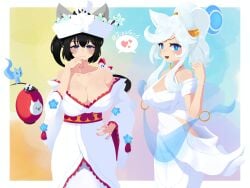 2girls black_hair horny_female horny_females huge_breasts looking_at_viewer massive_breasts mitama_(battle_cats) salvations_daughter_lunacia the_battle_cats white_hair