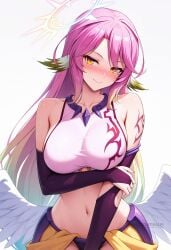 ai_generated angel angel_wings animal_ears arm_under_breasts bare_shoulders bird_ears blush breasts bridal_gauntlets closed_mouth collarbone compass_rose_halo cowboy_shot crop_top feathered_wings female gloves gradient_hair green_hair halo jibril_(no_game_no_life) large_breasts long_hair looking_at_viewer low_wings magic_circle midriff multicolored_hair navel no_game_no_life pink_hair shadowrealmarts shirt sideboob simple_background sleeveless sleeveless_shirt smile solo stomach tattoo uncensored very_long_hair white_background white_wings wing_ears wings yellow_eyes