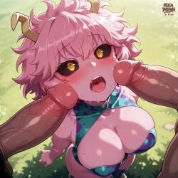 2boys ai_generated ashido_mina black_sclera blush boku_no_hero_academia erection female from_above group_sex huge_cock large_breasts leotard looking_up male mikadnsfwia mmf_threesome multicolored_leotard multiple_male open_mouth penis_on_face pink_hair saliva_drip solo_focus standing straight teeth threesome yellow_eyes