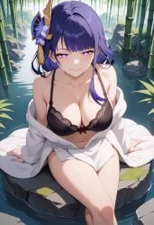 ai_generated alternate_costume arm_support bamboo bamboo_forest bare_shoulders black_bra blush bow_bra bra breasts cleavage closed_mouth collarbone crossed_legs female flower forest hair_flower hair_ornament japanese_clothes kimono lace-trimmed_bra lace_trim large_breasts long_hair long_sleeves looking_at_viewer mole mole_under_eye nature navel off_shoulder open_clothes outdoors purple_eyes purple_hair raiden_shogun ripples rock shadowrealmarts sitting smile soaking_feet solo stomach thighs uncensored underwear water white_kimono