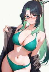 ai_generated alternate_costume aqua_eyes bare_shoulders bikini black_hair blush breasts cleavage closed_mouth collarbone colored_inner_hair cowboy_shot earrings female glasses green_bikini green_hair hair_ornament halterneck jewelry large_breasts long_hair looking_at_viewer multicolored_hair navel off_shoulder open_clothes ponytail red-framed_eyewear semi-rimless_eyewear shadowrealmarts simple_background smile solo stomach string_bikini swimsuit tassel tassel_hair_ornament thighs two-tone_hair uncensored very_long_hair white_background xianyun_(genshin_impact)
