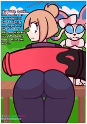 animal_genitalia animal_penis anthro ass bent_over bethany_(euphorica) big_butt big_penis camel_toe clothing eeveelution equine_genitalia equine_penis euphorica female feral generation_5_pokemon generation_6_pokemon genitals group hi_res huge_cock human leggings legwear looking_back male male/female mammal nervous nintendo outside penis pokemon pokemon_(species) presenting presenting_hindquarters sylveon text trio zebstrika