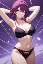 ai_generated armpits arms_behind_head arms_up bare_arms bare_shoulders black_bra black_panties bra breasts cleavage collarbone cowboy_shot earrings female grin jewelry kafka_(honkai:_star_rail) large_breasts looking_at_viewer navel panties purple_bra purple_eyes purple_hair purple_panties shadowrealmarts smile solo stomach thighs uncensored underwear underwear_only
