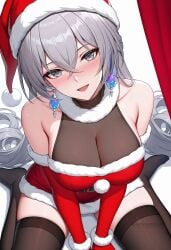 :d ai_generated alternate_costume bare_shoulders black_thighhighs blush breasts bronya_rand brown_thighhighs cleavage crossed_bangs dress earrings elbow_gloves female fur-trimmed_dress fur-trimmed_headwear fur_trim gloves grey_eyes grey_hair hair_between_eyes hat honkai:_star_rail jewelry large_breasts long_hair looking_at_viewer open_mouth red_dress red_gloves red_headwear santa_costume santa_hat shadowrealmarts sitting smile solo thighhighs thighs uncensored wariza