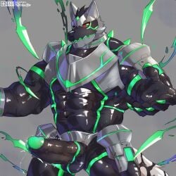 1:1 abs absurd_res anthro armor balls barazoku canid canine canis clothing domestic_dog english_text erection genitals green_eyes hi_res husky latex latex_clothing latex_skinsuit lifewonders live_a_hero male mammal monomasa monsterplus muscular muscular_anthro muscular_male nordic_sled_dog pecs penis red_sclera skinsuit solo spitz supervillain text tight_clothing