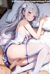 ai-created ai_generated breasts cum_in_pussy cum_leaking_out_of_pussy digital_art emilia_(re:zero) erotic explicit exposed_pussy holding_pillow lace_panties lace_stockings laying_on_bed lying_on_side passionate_sex re:zero_kara_hajimeru_isekai_seikatsu silver_hair uncensored