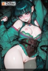 ai_generated artist_name belt blunt_bangs blush breasts breasts_apart dollmaker dollmaker_(artist) female green_dress japanese_clothes kimono long_hair looking_at_viewer lying nipples no_panties off_shoulder on_back patreon_logo patreon_username pussy smile solo sweat tagme thighs watermark web_address