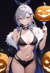 ai_generated bare_shoulders bikini black_background black_bikini black_jacket breasts choker cleavage closed_mouth cowboy_shot crossed_bangs drill_hair female fur-trimmed_jacket fur_trim grey_eyes grey_hair hair_between_eyes hair_ornament hair_ribbon hairclip halloween halterneck hand_up holding jack-o'-lantern jacket large_breasts long_hair looking_at_viewer navel off_shoulder open_clothes open_jacket ponytail pumpkin shadowrealmarts silver_wolf_(honkai:_star_rail) smile solo stomach string_bikini swimsuit thighs uncensored