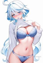 ahoge ai_generated alternate_breast_size blue_bra blue_eyes blue_hair blue_panties blush bow bow_bra bow_panties bra breasts cleavage clothes_lift cowboy_shot drop-shaped_pupils female furina_(genshin_impact) genshin_impact hair_between_eyes heterochromia large_breasts lifted_by_self light_blue_hair long_hair long_sleeves looking_at_viewer mouth_hold multicolored_hair navel panties shadowrealmarts shirt shirt_in_mouth shirt_lift simple_background smile solo stomach streaked_hair thighs uncensored underwear very_long_hair white_background white_hair white_shirt