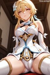 1girls ai_generated blonde_hair cameltoe dress dress_lift female female_only from_below front_view genshin_impact hair_flower hair_ornament long_hair looking_away lumine_(genshin_impact) medium_breasts mihoyo panties patreon salupai sitting solo solo_female spread_legs thighs tight_clothing tight_panties uncensored watermark white_dress white_panties yellow_eyes