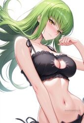 ai_generated artist_name bare_arms bare_shoulders black_bra black_panties blush bra breasts c.c. cat_cutout cat_ear_panties cat_lingerie cleavage cleavage_cutout closed_mouth clothing_cutout collarbone female floating_hair frilled_bra frills green_hair hand_up large_breasts long_hair looking_at_viewer meme_attire navel panties patreon_username shadowrealmarts side-tie_panties simple_background smile solo stomach twitter_username uncensored underwear underwear_only upper_body white_background yellow_eyes