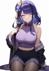 ai_generated alternate_costume bare_shoulders black_jacket black_pantyhose black_skirt blush bow bowtie breasts brown_pantyhose crop_top female flower genshin_impact grin hair_ornament jacket large_breasts long_hair long_sleeves looking_at_viewer midriff miniskirt mole mole_under_eye navel off_shoulder open_clothes open_jacket pantyhose pleated_skirt purple_eyes purple_hair purple_shirt raiden_shogun red_bow red_bowtie shadowrealmarts shirt simple_background sitting skirt sleeveless sleeveless_shirt smile solo taut_clothes taut_shirt thighs uncensored white_background