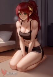 1girls 2d abs ai_generated ass big_ass big_breasts breasts cleavage erophoenix female female_focus full_body green_eyes looking_at_viewer navel patreon_username ponytail pyrrha_nikos red_hair rwby solo solo_female thick thick_thighs uncensored