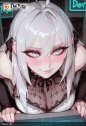 ? ai_generated bangs black_ribbon blush breast_press breasts dollmaker dollmaker_(artist) female hair_between_eyes hair_ribbon heart heart-shaped_pupils keyboard_(computer) large_breasts long_hair nose_blush patreon_logo patreon_username recording ribbon silver_hair smile solo symbol-shaped_pupils tagme user_interface watermark