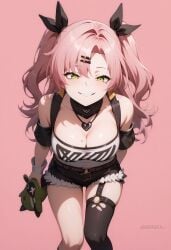 ai_generated bare_shoulders black_ribbon black_shorts black_thighhighs breasts cleavage crop_top cutoffs earrings female green_eyes grin hair_ornament hair_ribbon hairclip heart holding jewelry large_breasts long_hair looking_at_viewer mole mole_on_breast mole_under_eye nicole_demara pink_background pink_hair ribbon shadowrealmarts short_shorts shorts simple_background single_thighhigh smile solo standing strapless thighhighs thighs tube_top two_side_up uncensored zenless_zone_zero