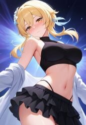 ai_generated alternate_costume bare_shoulders black_shirt black_skirt blonde_hair blush breasts closed_mouth cowboy_shot crop_top feathers female flower frilled_skirt genshin_impact hair_flower hair_ornament highleg large_breasts looking_at_viewer lumine_(genshin_impact) medium_breasts midriff miniskirt navel off_shoulder open_clothes panty_straps shadowrealmarts shirt short_hair_with_long_locks sidelocks skirt sleeveless sleeveless_shirt solo stomach taut_shirt thighs turtleneck uncensored yellow_eyes