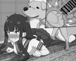 1boy 1girls aitsugu animal_ears animal_genitalia animal_penis bed bedroom blush canid canine canine_penis cellphone censored clothed_sex doggy_style domestic_dog female feral internal_view interspecies long_hair looking_at_viewer male male/female monochrome on_bed open_mouth original penetration penis saliva school_uniform schoolgirl sex sex_from_behind tongue tongue_out top-down_bottom-up vaginal_insertion vaginal_penetration vaginal_sex vein veins veiny veiny_penis zoophilia