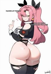 ai-assisted ass belt black_belt black_jacket breasts come_hither ear_piercing earrings english_text female green_eyes hair_ribbon heart heart_earrings highres honkibooty huge_ass huge_breasts jacket jewelry light_blush logo long_hair mole mole_on_ass mole_on_ear nail_polish naughty_face nicole_demara open_clothes open_jacket piercing pink_hair pov ribbon signature simple_background smirk solo thick_thighs thighhighs thighs thong v white_background zenless_zone_zero