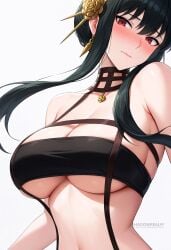 ai_generated bandeau bare_shoulders black_hair blush breasts choker cleavage closed_mouth earrings female floating_hair flower gold_earrings gold_hairband hair_flower hair_ornament hairband jewelry large_breasts long_hair looking_at_viewer navel raised_eyebrows red_eyes rose shadowrealmarts sidelocks simple_background solo spy_x_family stomach uncensored underboob upper_body white_background yor_briar